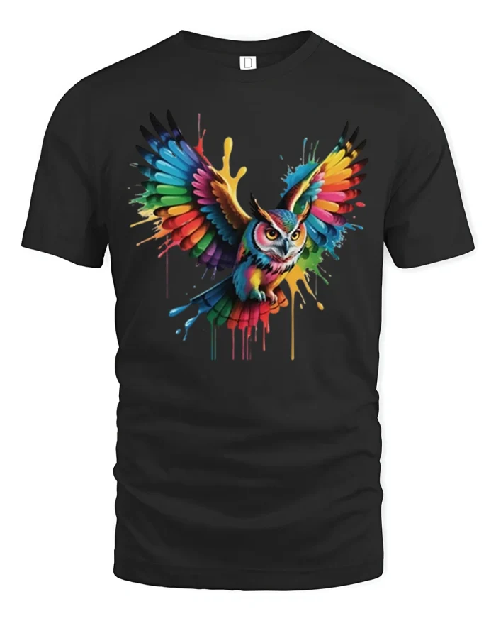 Colorful Flying Owl Paint Splatter Art Cotton T Shirt - black t-shirt on white background