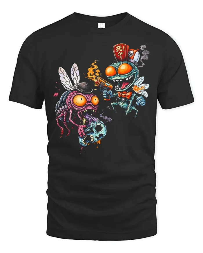 Crazy Cartoon Fly Monster Gunslinger Cotton T Shirt - black t-shirt on white background