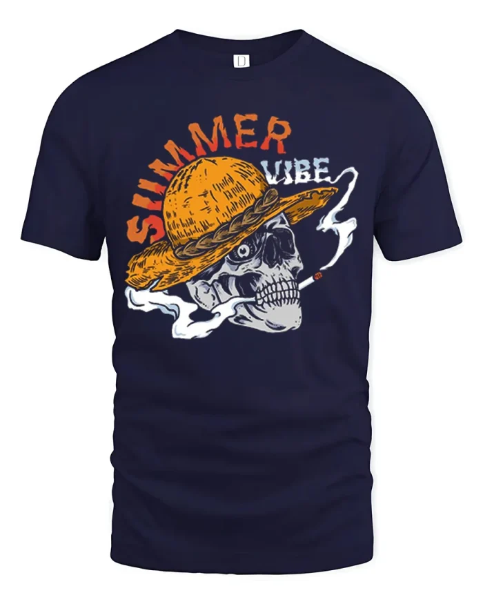 Summer Vibe Smoking Skull Straw Hat Graphic Cotton T Shirt - navy t-shirt on white background