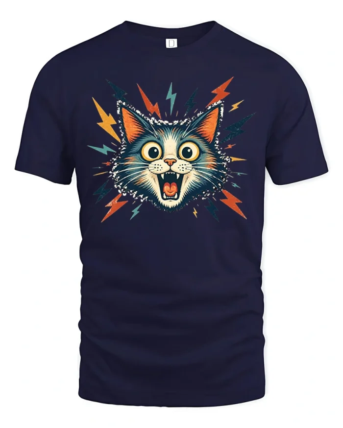 Crazy Screaming Electric Cat Lightning Bolts Cotton T Shirt - navy t-shirt on white background