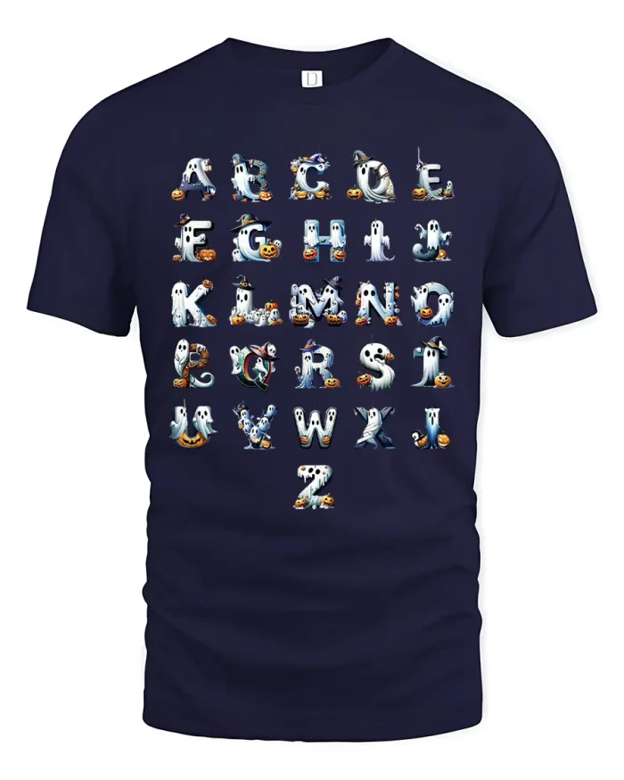 Spooky Ghost Halloween Alphabet Cute Soft Cotton T Shirt - navy t-shirt on white background