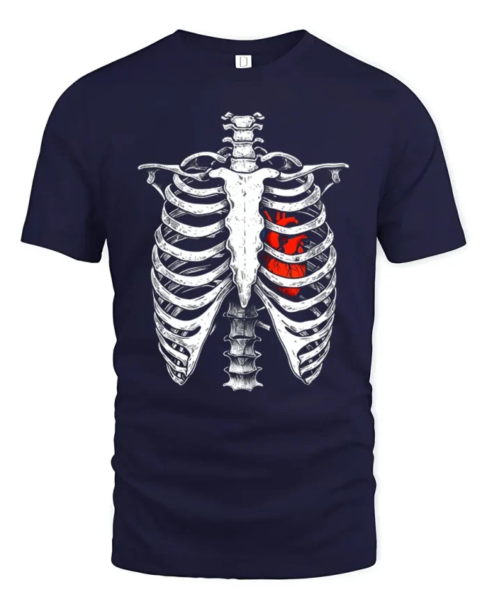 Skeleton Rib Cage Anatomical Heart Graphic Cotton T Shirt - navy t-shirt on white background