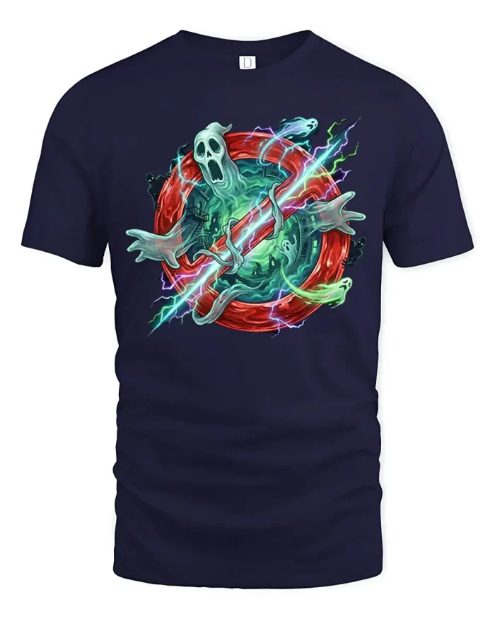 Ghostbusters No Ghost Lightning Portal Soft Cotton T Shirt - navy t-shirt on white background