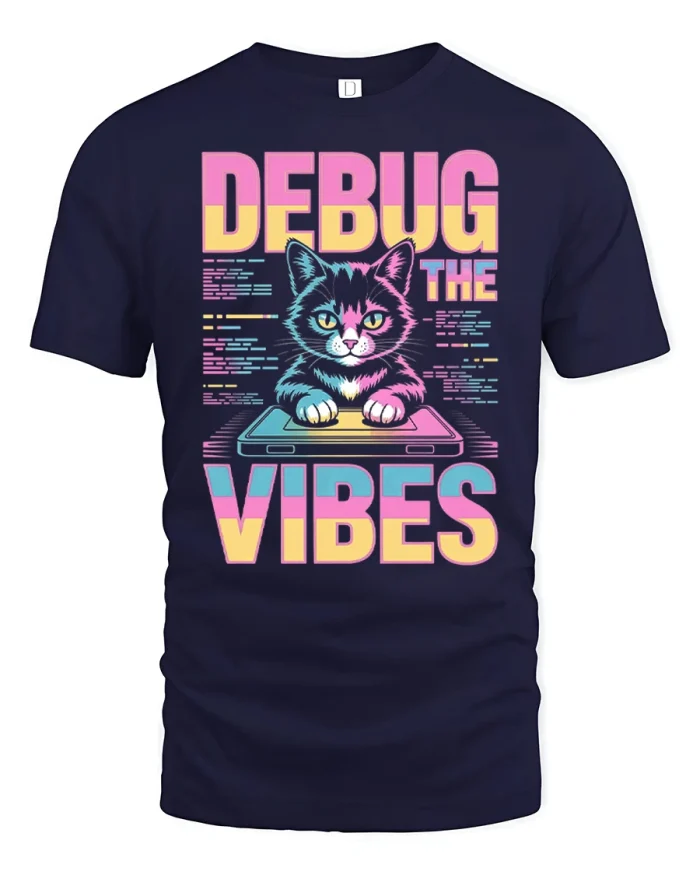 Debug The Vibes Programmer Cat Laptop Graphic Cotton T Shirt - navy t-shirt on white background