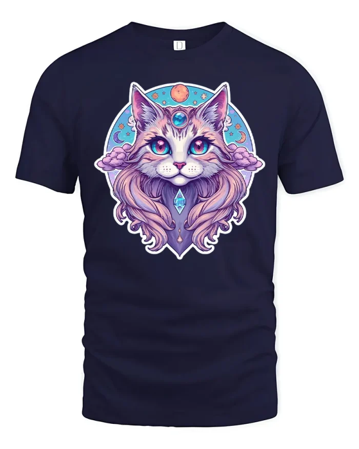 Celestial Moon Crystal Cat Anime Pastel Soft Cotton T Shirt - navy t-shirt on white background
