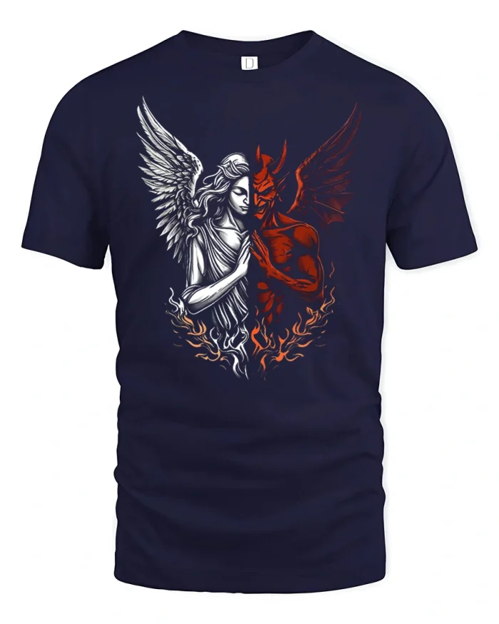 Angel And Devil Duality Split Graphic Soft Cotton T Shirt - navy t-shirt on white background