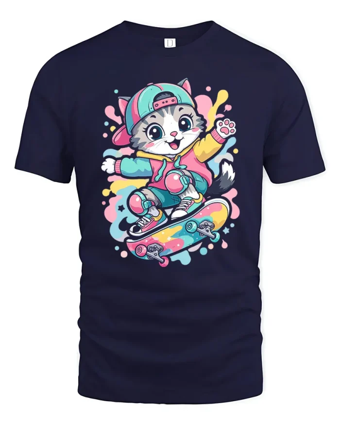 Cute Skater Cat Colorful Anime Skateboard Cotton T Shirt - navy t-shirt on white background