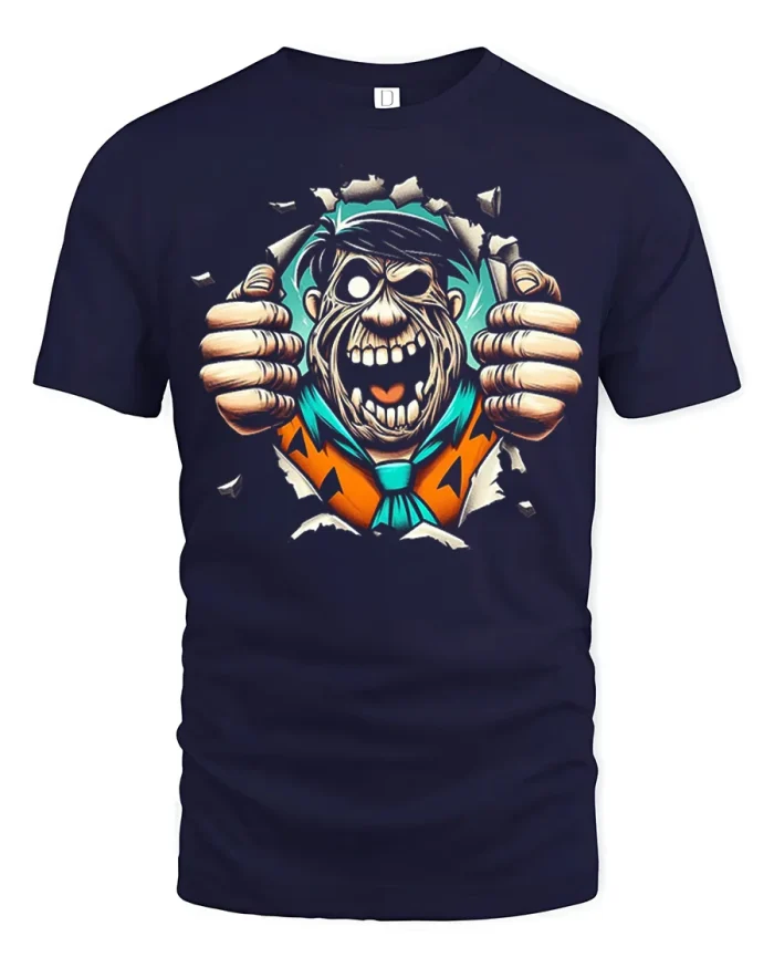 Zombie Caveman Tearing Chest Graphic Soft Cotton T Shirt - navy t-shirt on white background
