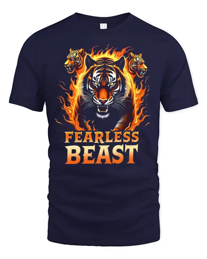 Fearless Beast Fiery Tiger Flames Graphic Cotton T Shirt - navy t-shirt on white background