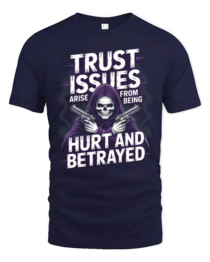 Trust Issues Skull Dual Guns Graphic Soft Cotton T Shirt - navy t-shirt on white background