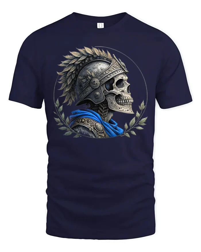 Roman Gladiator Skull Helmet Laurel Wreath Cotton T Shirt - navy t-shirt on white background