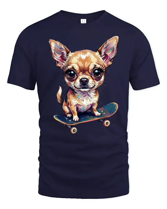 Cute Chihuahua Skateboard Graphic Soft Cotton T Shirt - navy t-shirt on white background