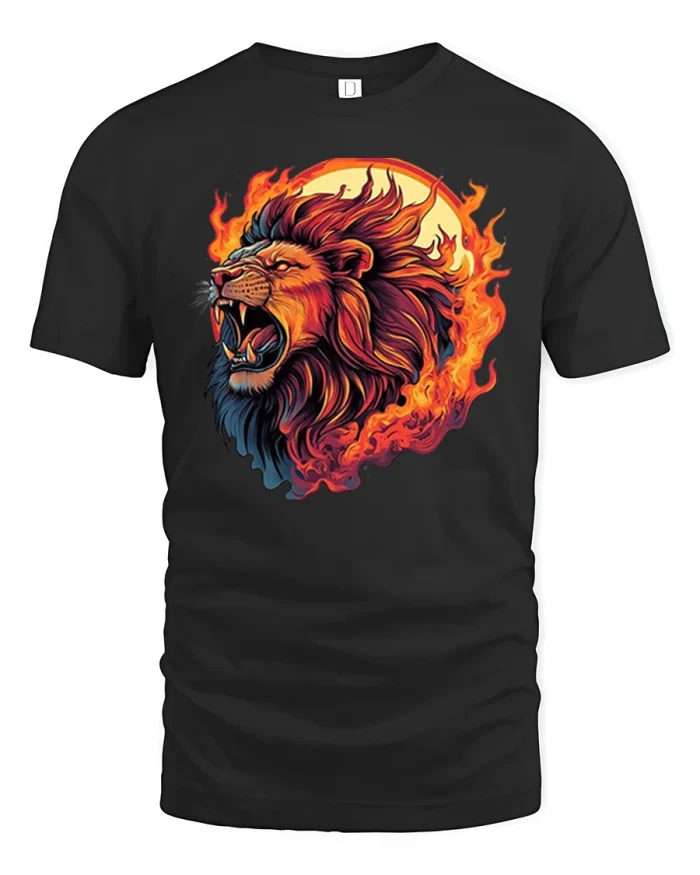 Fierce Roaring Lion In Flames Wild Fire Art T-Shirt - black t-shirt on white background