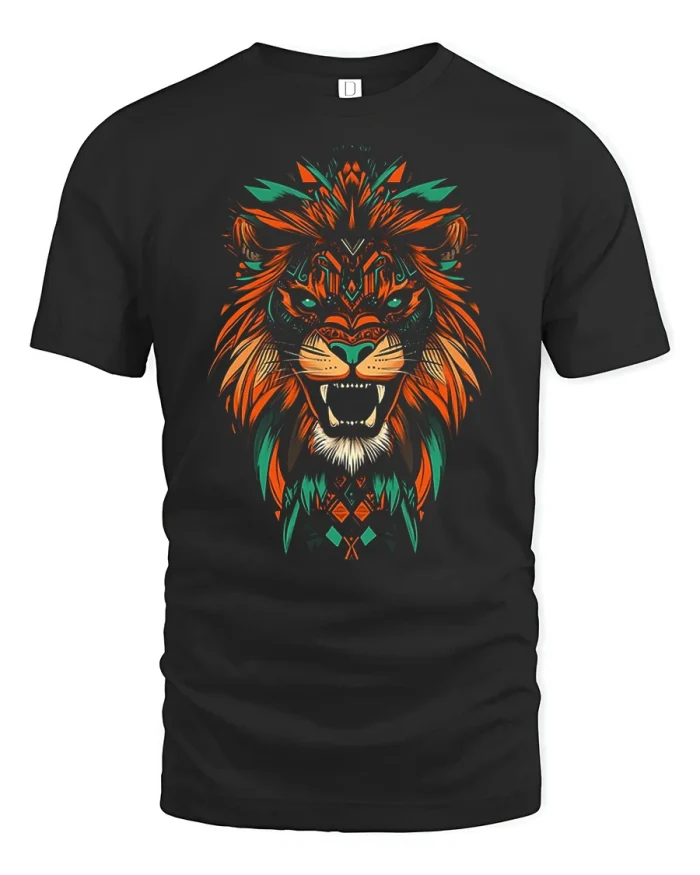 Tribal Geometric Lion Face Abstract Wildlife Art T-Shirt - black t-shirt on white background