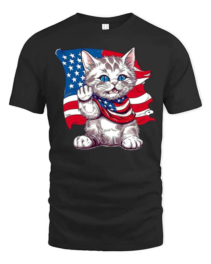 Cute Patriotic American Flag Kitten Cat T-Shirt - black t-shirt on white background