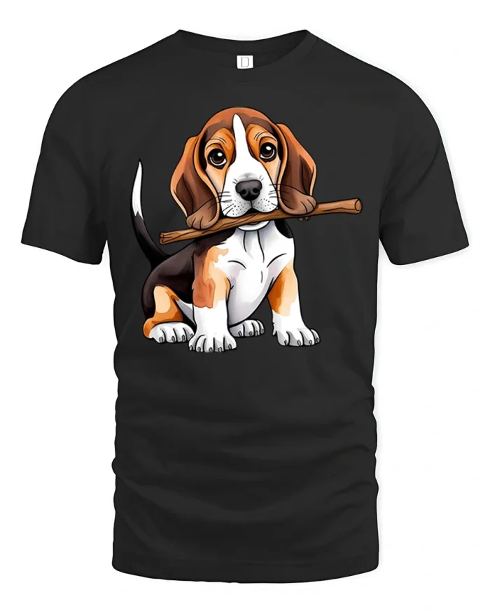 Cute Beagle Puppy Dog Holding Stick Graphic T-Shirt - black t-shirt on white background