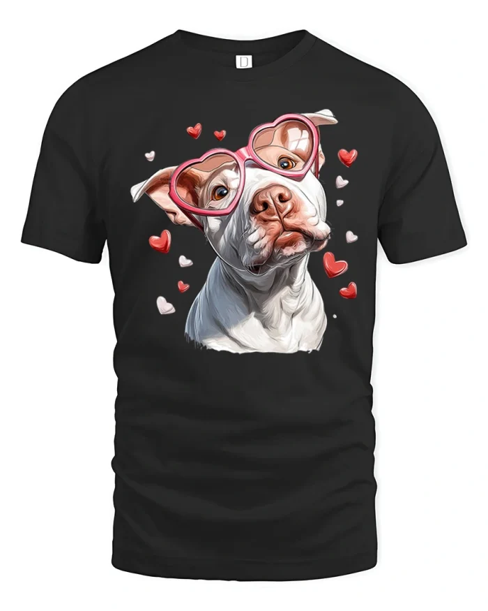 Cute Pitbull Dog Wearing Pink Heart Sunglasses T-Shirt - black t-shirt on white background
