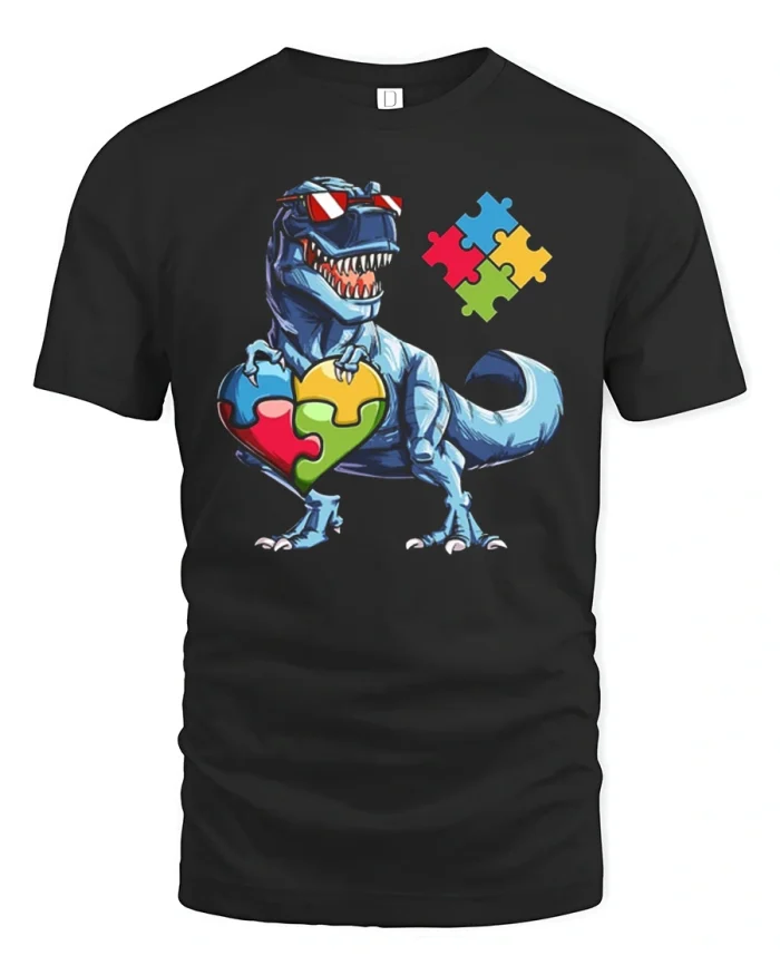 Autism Awareness Dinosaur T Rex Puzzle Heart T-Shirt - black t-shirt on white background