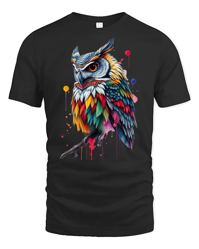 Colorful Owl Watercolor Splatter Art Bird Graphic T-Shirt - black t-shirt on white background