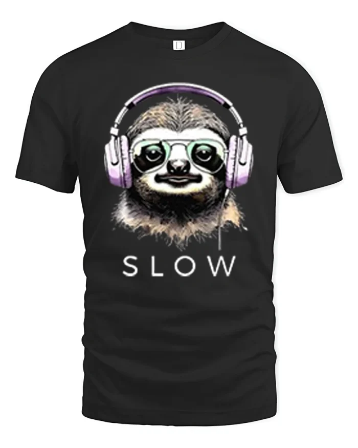 Slow Sloth Wearing Headphones Funny Music T-Shirt - black t-shirt on white background