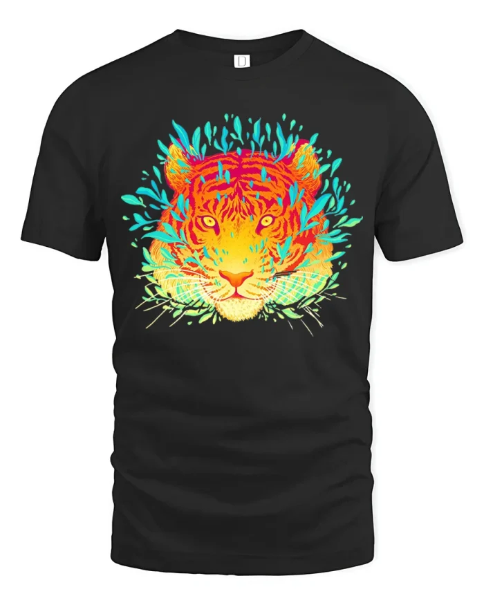 Neon Tiger Jungle Leaves Vibrant Wildlife Art T-Shirt - black t-shirt on white background
