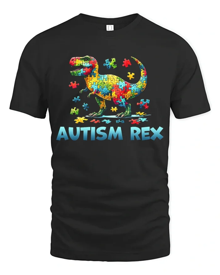 Autism Rex Puzzle Piece Dinosaur Awareness T-Shirt - black t-shirt on white background
