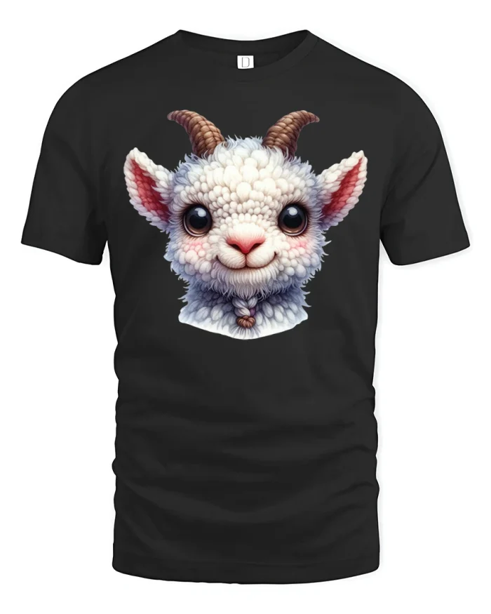 Cute Fluffy Baby Goat Animal Portrait Graphic T-Shirt - black t-shirt on white background