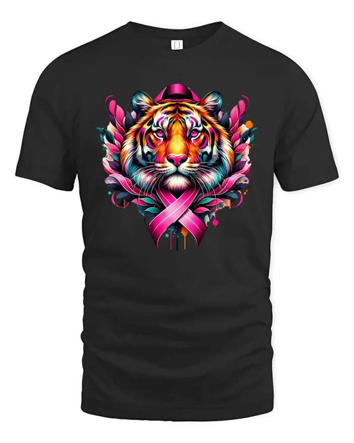 Colorful Tiger Face Breast Cancer Awareness Ribbon T-Shirt - black t-shirt on white background