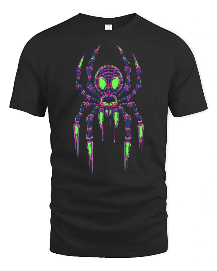 Neon Spider Web Glowing Skeleton Halloween T-Shirt - black t-shirt on white background