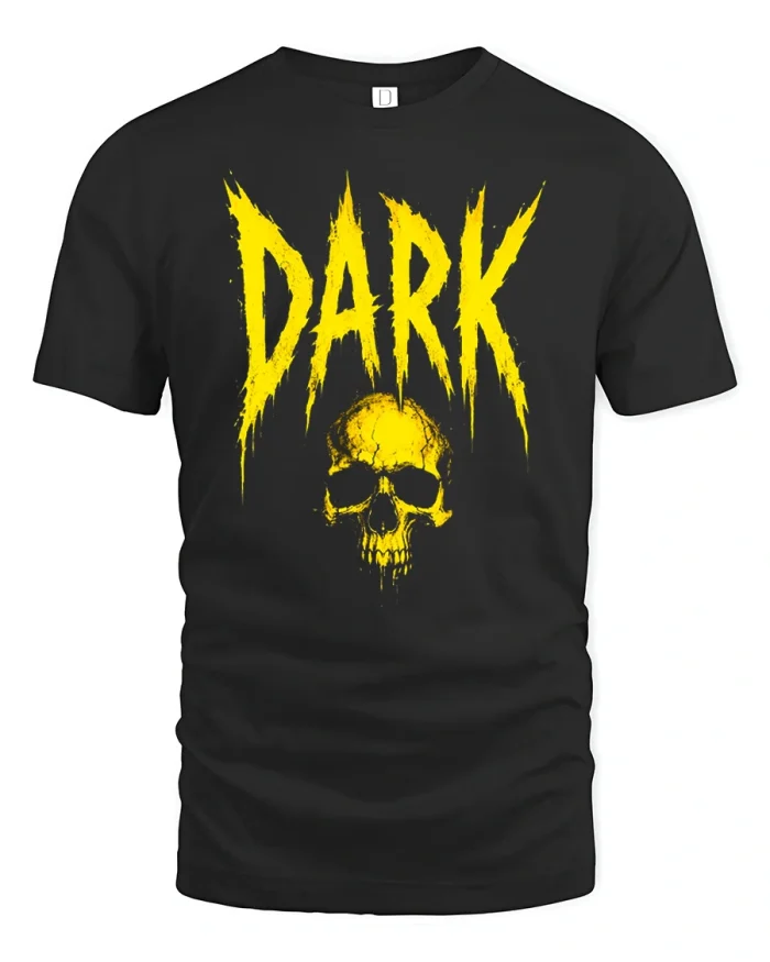 Dark Yellow Skull Grunge Typography Spooky T-Shirt - black t-shirt on white background