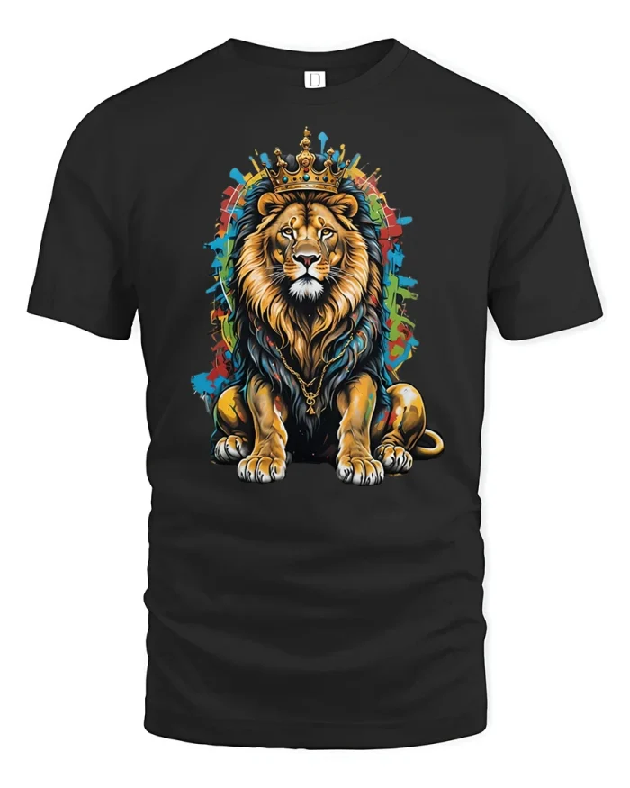 Majestic Crown Lion King Colorful Splatter Art T-Shirt - black t-shirt on white background