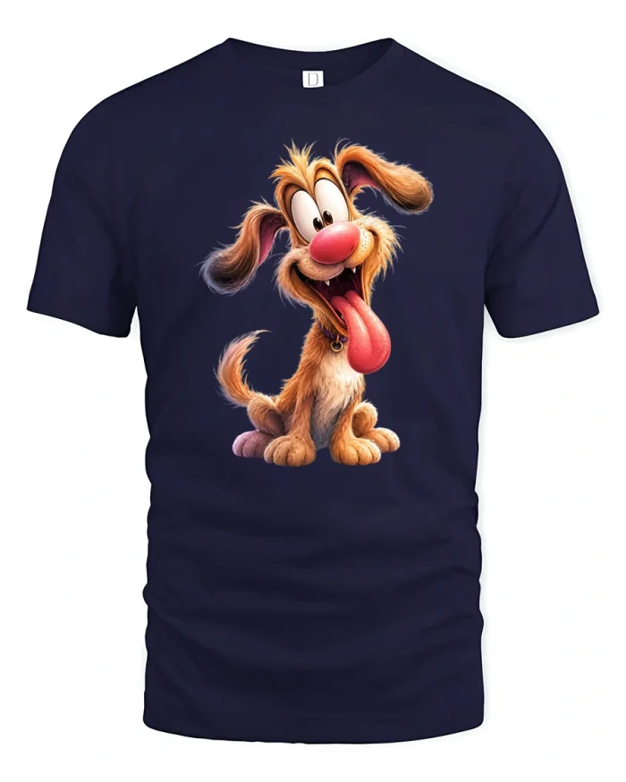 Cute Funny Cartoon Puppy Dog Big Tongue Smiling T-Shirt - navy t-shirt on white background