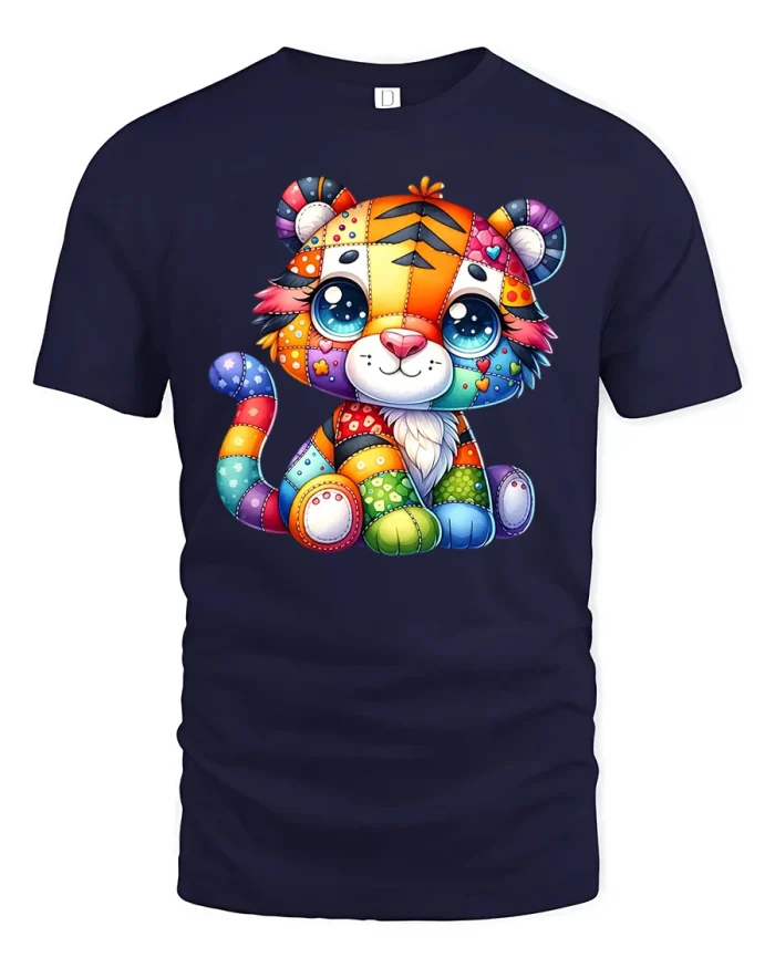 Cute Colorful Patchwork Tiger Toy Animal Graphic T-Shirt - navy t-shirt on white background
