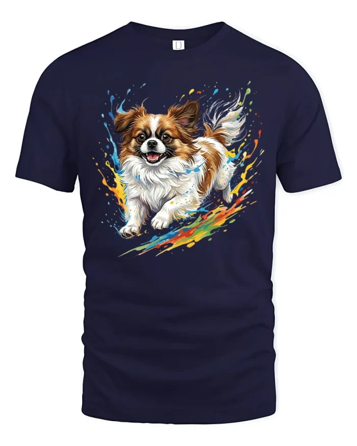 Cute Papillon Dog Colorful Watercolor Splatter Art T-Shirt - navy t-shirt on white background