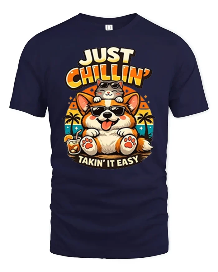 Just Chillin Takin It Easy Corgi Dog Cute T-Shirt - navy t-shirt on white background