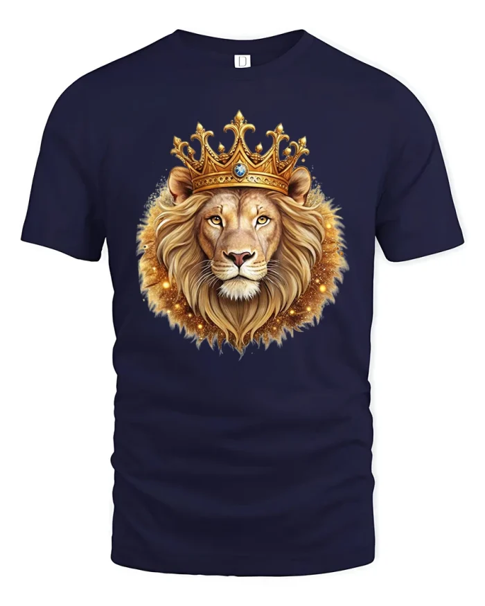 Golden Crown Lion King Majestic Wildlife Art T-Shirt - navy t-shirt on white background