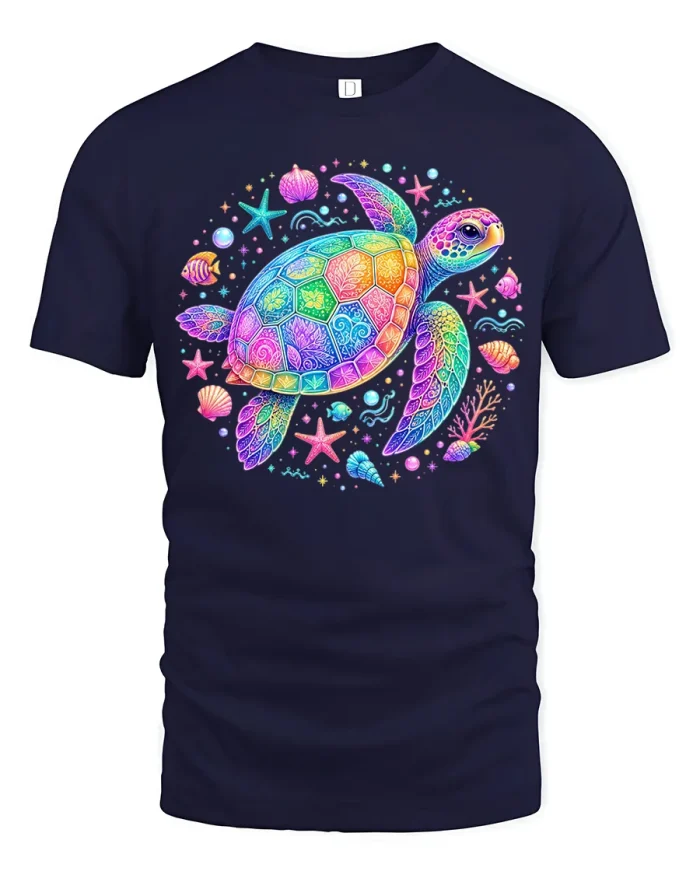 Colorful Sea Turtle Ocean Marine Life Art T-Shirt - navy t-shirt on white background