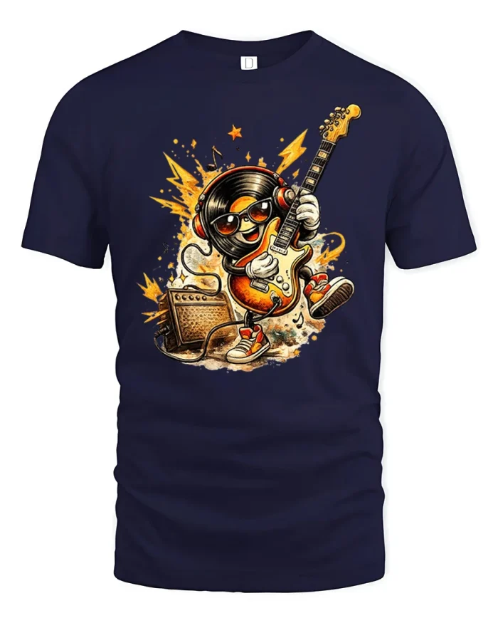 Cool Vinyl Record Character Playing Electric Guitar T-Shirt - navy t-shirt on white background
