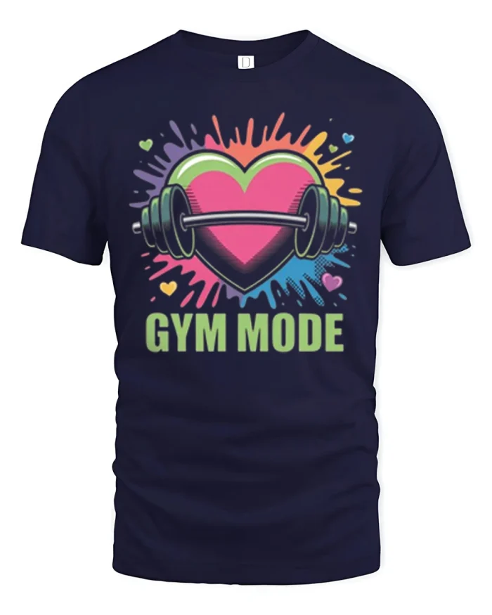 Gym Mode Heart Barbell Fitness Workout Colorful T-Shirt - navy t-shirt on white background