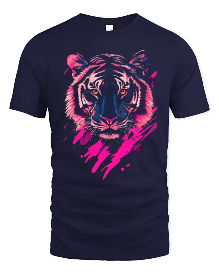 Pink Neon Tiger Wild Cat Splatter Art Graphic T-Shirt - navy t-shirt on white background