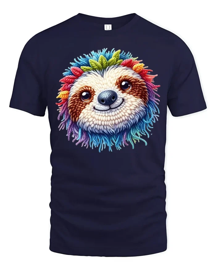 Cute Colorful Sloth Face Floral Leaves Art T-Shirt - navy t-shirt on white background