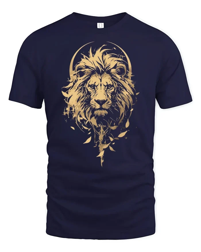 Golden Lion King Majestic Wildlife Art Graphic T-Shirt - navy t-shirt on white background