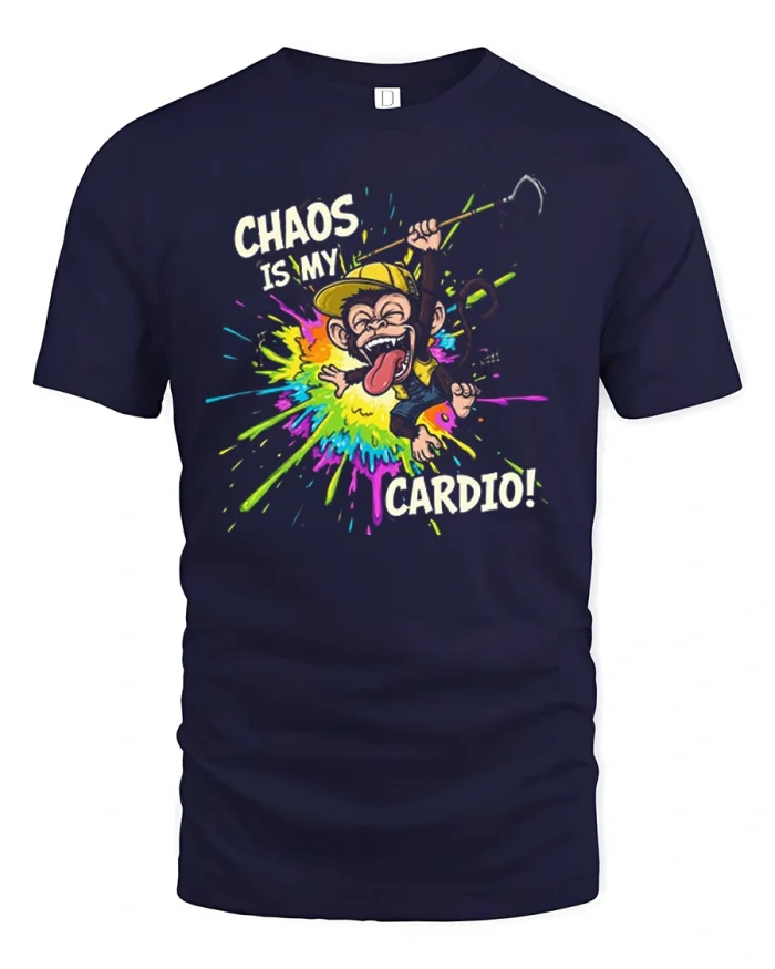 Chaos Is My Cardio Funny Monkey Workout Quote T-Shirt - navy t-shirt on white background