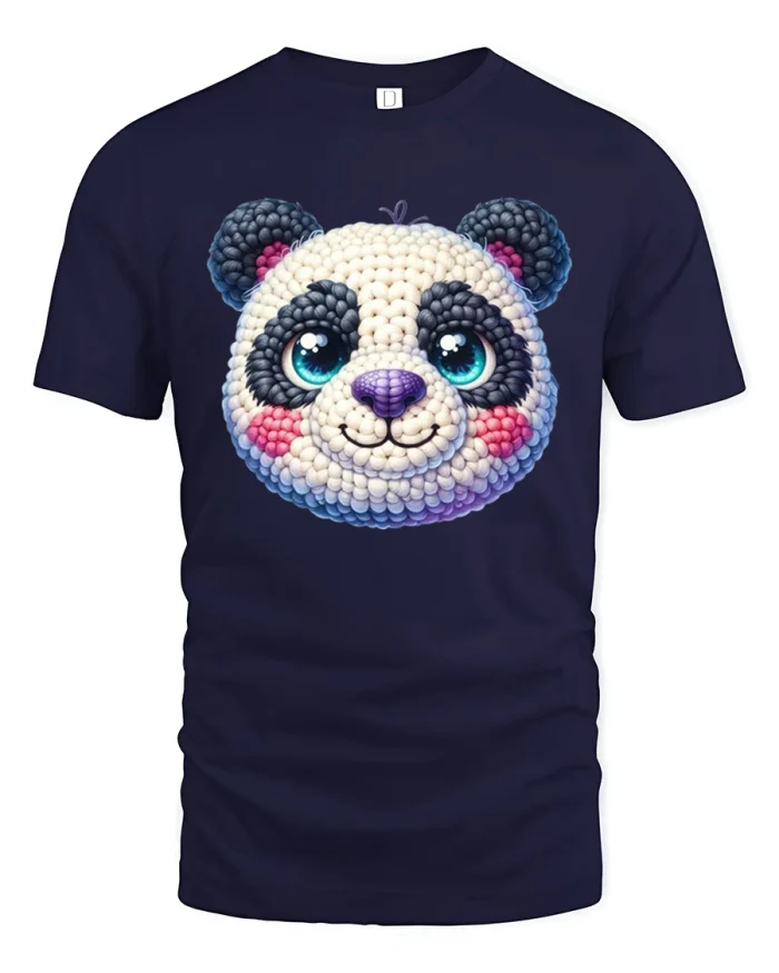 Cute Knitted Texture Panda Face Animal Graphic T-Shirt - navy t-shirt on white background