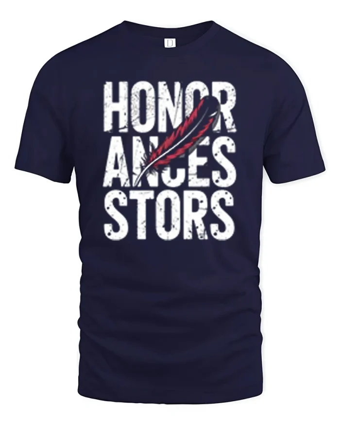 Honor Ancestors Feather Typography Graphic T-Shirt - navy t-shirt on white background