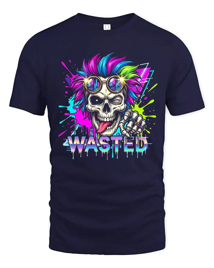 Wasted Neon Skull Punk Party Graphic T-Shirt - navy t-shirt on white background