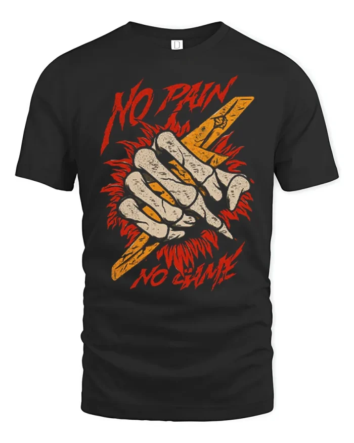 No Pain No Game Skeleton Hand Lightning Cotton T Shirt - black t-shirt on white background