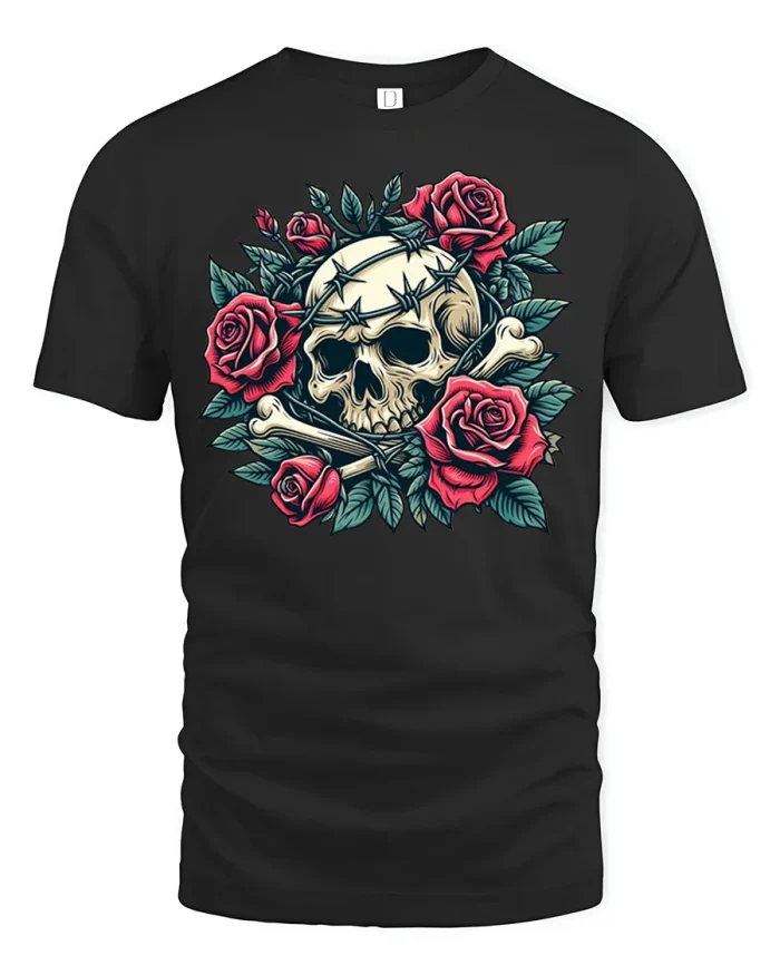 Gothic Skull Red Roses Barbed Wire Graphic Cotton T Shirt - black t-shirt on white background