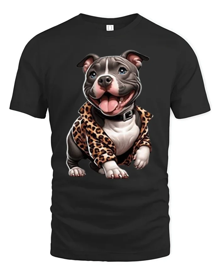 Cute Pitbull Puppy In Leopard Jacket Soft Cotton T Shirt - black t-shirt on white background