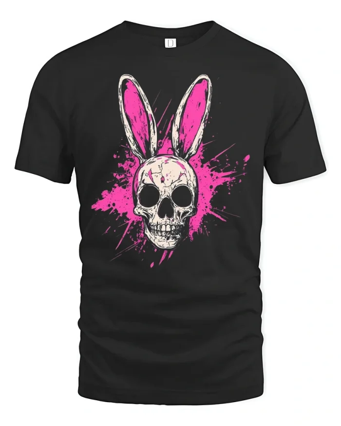 Gothic Bunny Skull Splatter Pink Graphic Cotton T Shirt - black t-shirt on white background